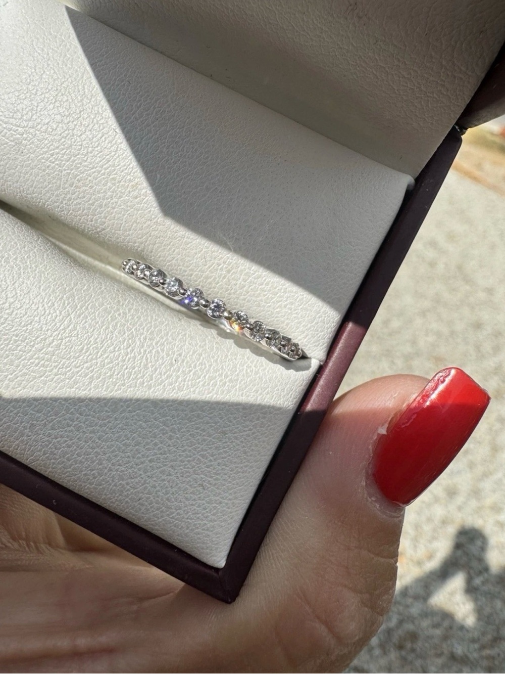 Barely Worn Women’s White Gold Diamond Band With Ruby In Shank